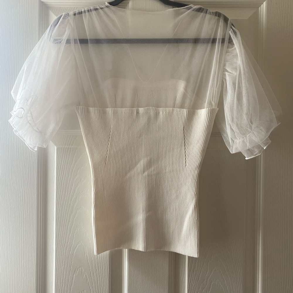 Endless Rose Ivory Ribbed Top with Sheer Puff Sleeves - Picture 2 of 3